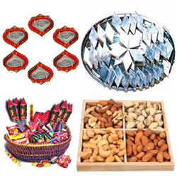 Big Hamper of Kaju Katli, Dry Fruits, Crackers and Diya Big Hamper of Kaju Katli, Dry Fruits, Crackers and Diya
