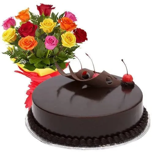 Online Combo of Mixed Roses n Chocolate Cake 