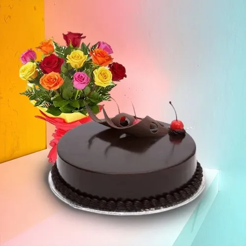 Online Combo of Mixed Roses n Chocolate Cake