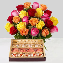 Gorgeous mixed Roses and tasty assorted Sweets Gorgeous mixed Roses and tasty assorted Sweets