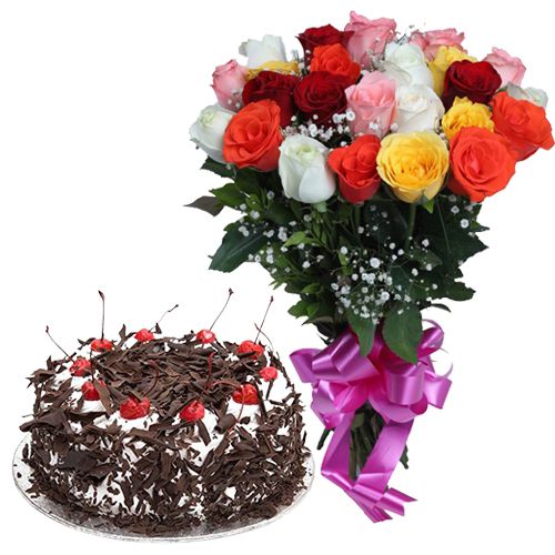 Send Online Mixed Roses Bunch with Black Forest Cake Send Online Mixed Roses Bunch with Black Forest Cake