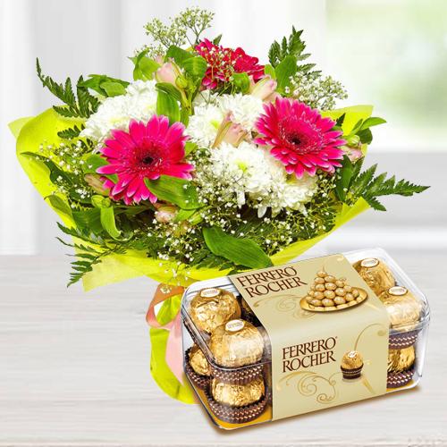 Send Seasonal Flower Bouquet with Ferroro Rocher 16 pcs Box Send Seasonal Flower Bouquet with Ferroro Rocher 16 pcs Box