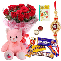 Beautiful 12 Red Roses Bouquet with a Cute Teddy and Assorted Cadburys Chocoloates With 1 Free Rakhi Beautiful 12 Red Roses Bouquet with a Cute Teddy and Assorted Cadburys Chocoloates With 1 Free Rakhi