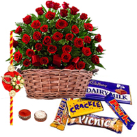 Delicious Assorted Chocolates and 50 Red Roses with a Rakhi Delicious Assorted Chocolates and 50 Red Roses with a Rakhi