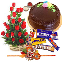 Eye-Catching Red Roses, Fresh Cake with Assorted Chocolates and 2 Rakhi with Blissful Love Eye-Catching Red Roses, Fresh Cake with Assorted Chocolates and 2 Rakhi with Blissful Love