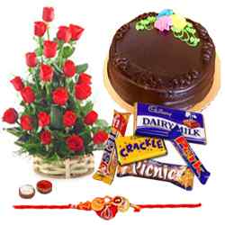 Delicious Cake of 1 Lb., Chocolates, 24 Red Roses and a Rakhi Delicious Cake of 1 Lb., Chocolates, 24 Red Roses and a Rakhi