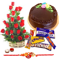 Delicious Cake of 1 Lb., Chocolates, 24 Red Roses and a Rakhi Delicious Cake of 1 Lb., Chocolates, 24 Red Roses and a Rakhi