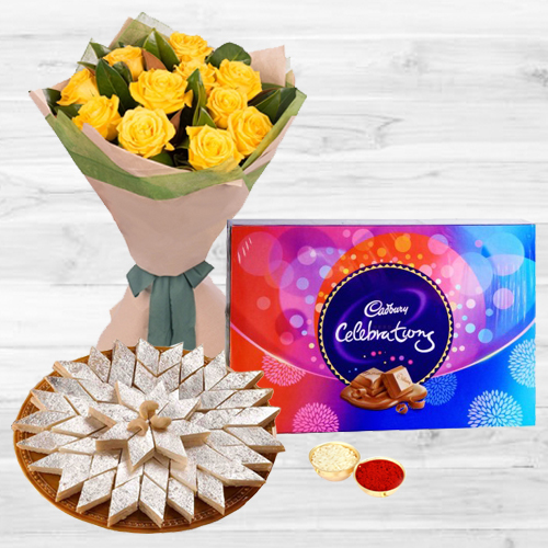 12 Yellow Roses with Cadbury Celebration and Kaju Katli 12 Yellow Roses with Cadbury Celebration and Kaju Katli