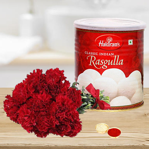 12 Red Carnations Bouquet with Rasgulla 12 Red Carnations Bouquet with Rasgulla