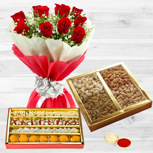 Red Rose Bouquet with Assorted Sweets and Dry Fruits Red Rose Bouquet with Assorted Sweets and Dry Fruits