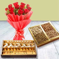 Red Rose Bouquet with Assorted Sweets and Dry Fruits Red Rose Bouquet with Assorted Sweets and Dry Fruits