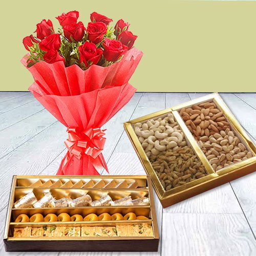 Red Rose Bouquet with Assorted Sweets and Dry Fruits Red Rose Bouquet with Assorted Sweets and Dry Fruits