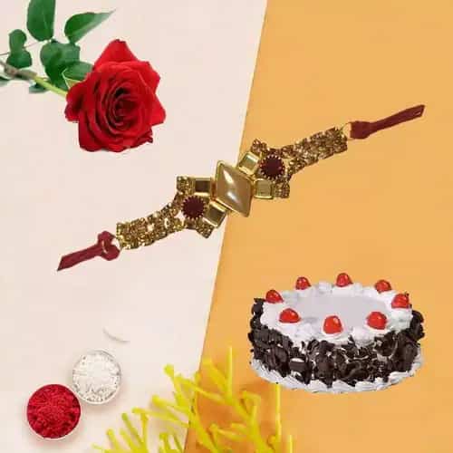 Time to rejoice with black forest cake, Rose,and Free Rakhi , Roli Tilak and Chawal Time to rejoice with black forest cake, Rose,and Free Rakhi , Roli Tilak and Chawal