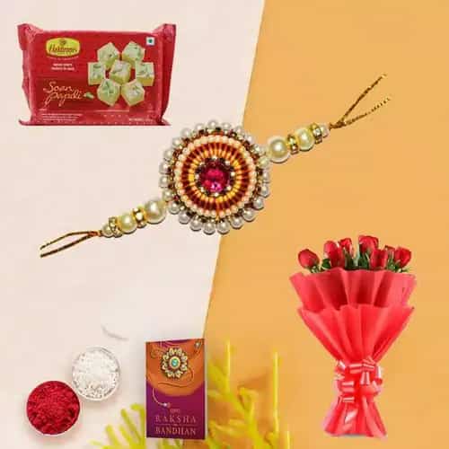 Rakhi with Red Roses n Soan Papri Rakhi with Red Roses n Soan Papri