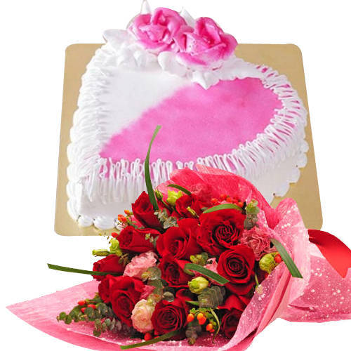 Joyful 12 Red Dutch Roses Bouquet with 1 Kg Heart Shaped Cake Joyful 12 Red Dutch Roses Bouquet with 1 Kg Heart Shaped Cake