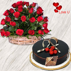 50 Dutch Red Roses Basket with 1/2 Kg. Chocolate C...