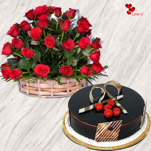 Send Online Red Roses Basket with Chocolate Cake Send Online Red Roses Basket with Chocolate Cake