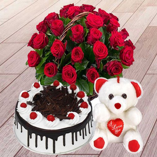 Gift Online Red Roses with Black Forest Cake N Teddy Gift Online Red Roses with Black Forest Cake N Teddy