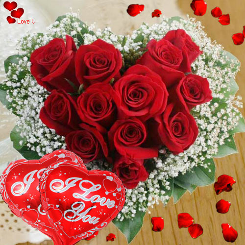 Heart Shape Red Rose Arrangement N Ballons for V-day Heart Shape Red Rose Arrangement N Ballons for V-day