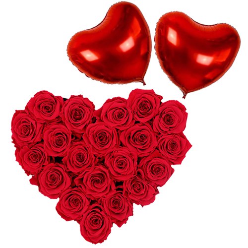 Dutch Red Roses in Heart Shape Arrangement with 2 Heart Shape Balloons Dutch Red Roses in Heart Shape Arrangement with 2 Heart Shape Balloons