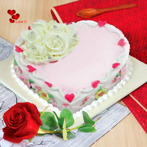 Shop Online Heart Shape Cake N Single Red Rose Shop Online Heart Shape Cake N Single Red Rose