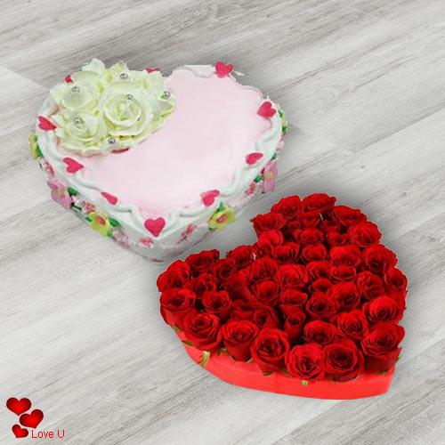 Send Online Combo of Heart Shape Red Roses with Love Cake Send Online Combo of Heart Shape Red Roses with Love Cake
