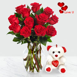12 Dutch Red Roses in Vase with a Cute 6
