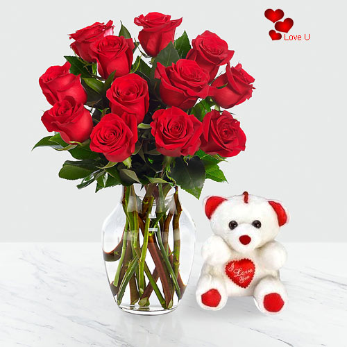 Gift Online Teddy with Red Roses in a Vase Gift Online Teddy with Red Roses in a Vase
