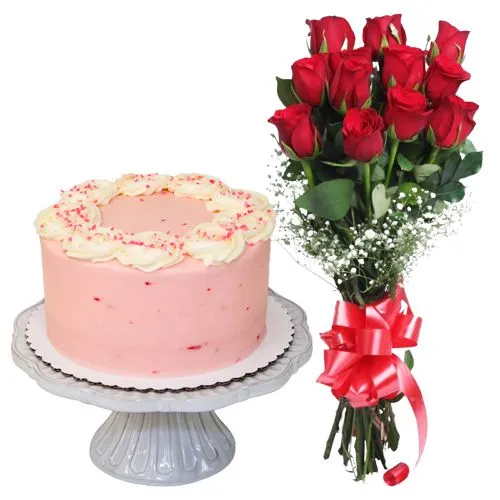 Buy Online Eggless Cake with Red Roses Bouquet
