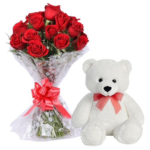 Send Online Bouquet of Red Roses with Teddy Send Online Bouquet of Red Roses with Teddy