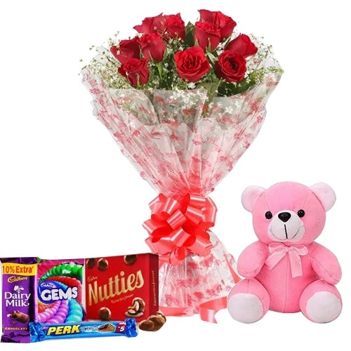 Deliver Online Red Roses with Teddy with Chocolates