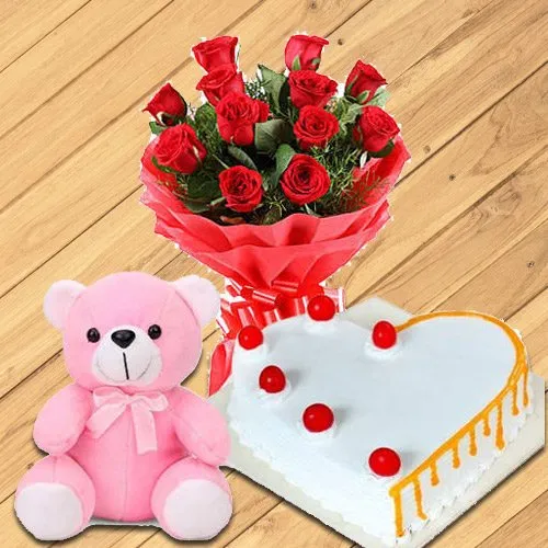Shop Red Roses Bouquet with Teddy N Cake Online