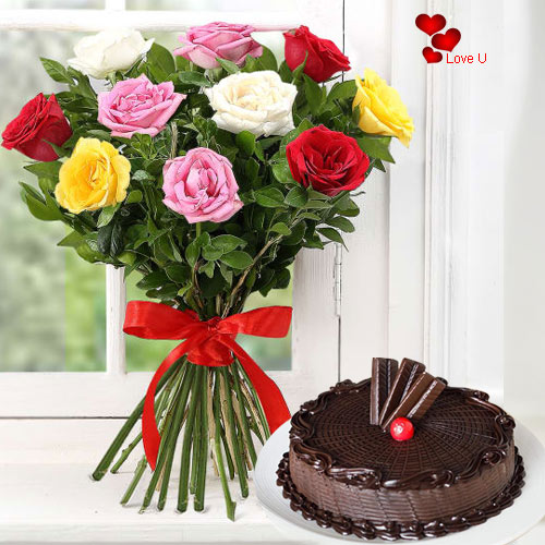 V-Day Gift of One Dozen Mixed Roses N Cake Online V-Day Gift of One Dozen Mixed Roses N Cake Online