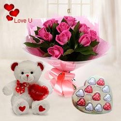 A Dozen Pink Roses Bouquet with Heart Shaped Valen...