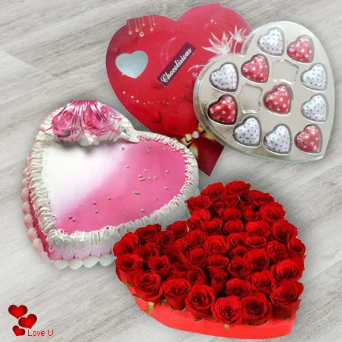 V-Day Gift of Red Roses Bouquet in Heart Shape with Chocolates N Love Cake