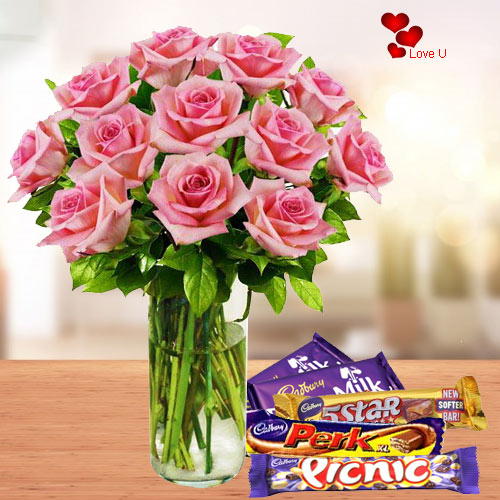 Send Online Pink Roses in a Vase with Chocolates Assortments Send Online Pink Roses in a Vase with Chocolates Assortments