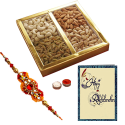 Fantastic Assorted Dry Fruits with A Decorative free Rakhi, Roli Tilak and Chawal Fantastic Assorted Dry Fruits with A Decorative free Rakhi, Roli Tilak and Chawal
