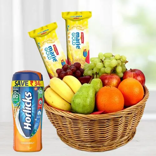 Nutritious fresh Fruit Basket together with Horlicks and Biscuits