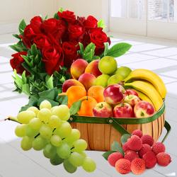 Zesty Fresh Fruit Basket with Red Rose Bouquet Zesty Fresh Fruit Basket with Red Rose Bouquet