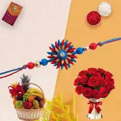 Exquisite Fresh Fruits Basket Hamper with Red Rose Bouquet with 1 Regular Rakhi and Roli Tilak Chawal Exquisite Fresh Fruits Basket Hamper with Red Rose Bouquet with 1 Regular Rakhi and Roli Tilak Chawal