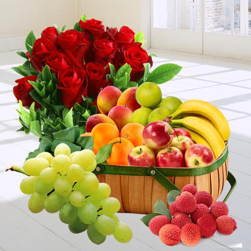 Zesty Fresh Fruit Basket with Red Rose Bouquet Zesty Fresh Fruit Basket with Red Rose Bouquet