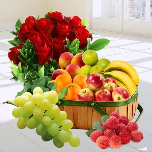 Zesty Fresh Fruit Basket with Red Rose Bouquet