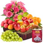 Mixed Fresh Fruits Basket with Haldiram Rasgulla and Rose Bouquet Mixed Fresh Fruits Basket with Haldiram Rasgulla and Rose Bouquet