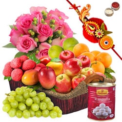 Basket Hamper of Fresh Fruits and Rose Bouquet with 1 Regular Rakhi and Roli Tilak Chawal Basket Hamper of Fresh Fruits and Rose Bouquet with 1 Regular Rakhi and Roli Tilak Chawal