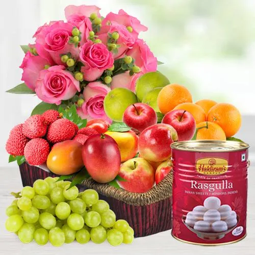 Mixed Fresh Fruits Basket with Haldiram Rasgulla and Rose Bouquet