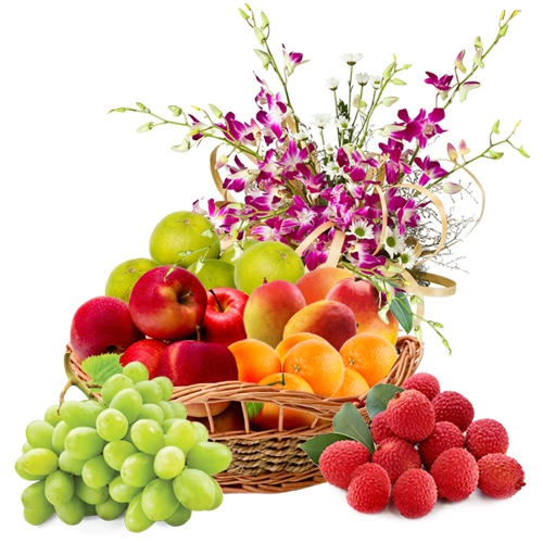 Refreshing Fresh Fruits Basket Hamper with Orchid Decor Refreshing Fresh Fruits Basket Hamper with Orchid Decor