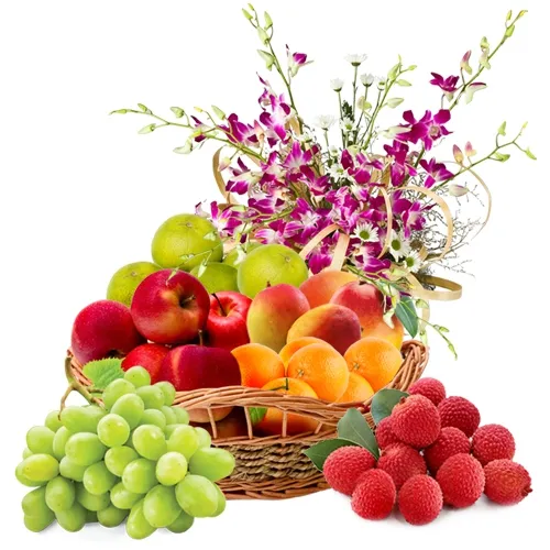 Refreshing Fresh Fruits Basket Hamper with Orchid Decor