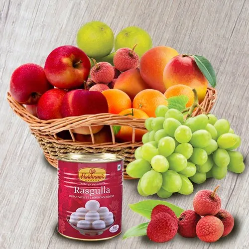 Nutritious Seasonal Fresh Fruits-Haldiram Rasgulla Casket Nutritious Seasonal Fresh Fruits-Haldiram Rasgulla Casket