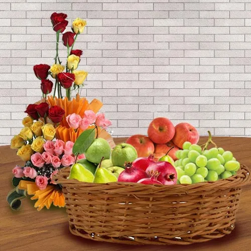 Delightful Fresh Fruits Basket with Colorful Roses Arrangement