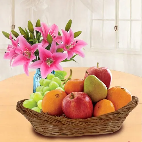 Yummy Fresh Fruits Basket with Pink Lilies